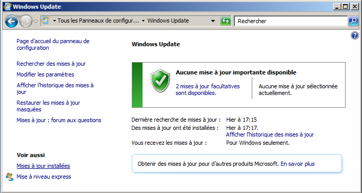 Windows Update Mises à jour installées